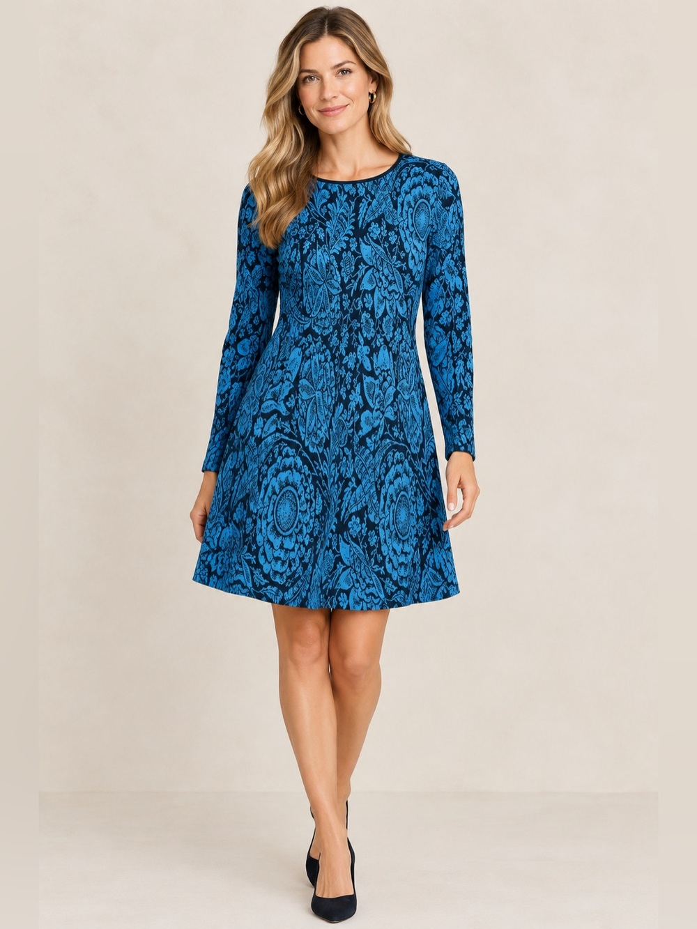 Peruvian Connection Long Sleeve Blue Patterned Fit & Flare Dress